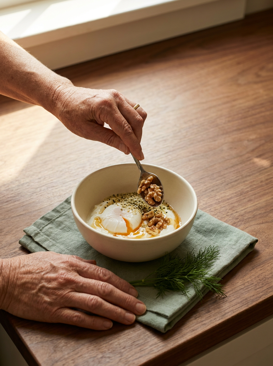 A pair of lived-in hands setting a breakfast bowl of Greek yogurt, soft-poached egg, walnuts and honey onto a walnut kitchen counter beside a sage-green linen napkin.